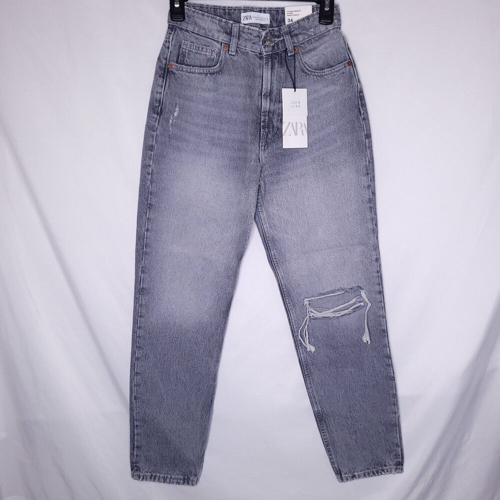 Zara Jeans Womens Size 2 Gray Washed Classic Mom Fit Distressed NWT